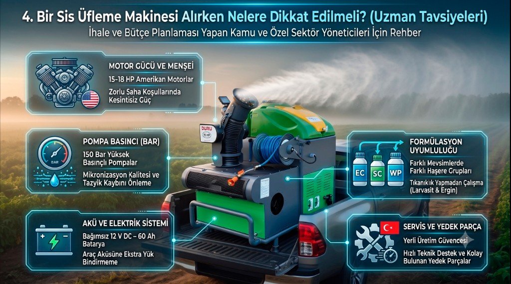 Sis üfleme makinesi alırken nelere dikkat edilmeli - motor gücü, pompa basıncı, batarya ve servis kriterleri infografiği